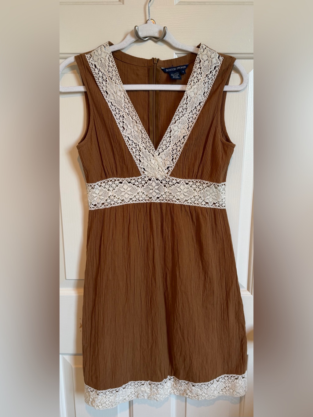 Vintage Boston Proper Cotton Gauze Dress Brown W Cream Lace Size 6